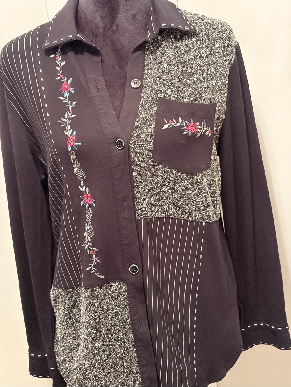 Teddi Black Patchwork Button-Up Blouse with Pink Floral Embroidery - Picture 9 of 11